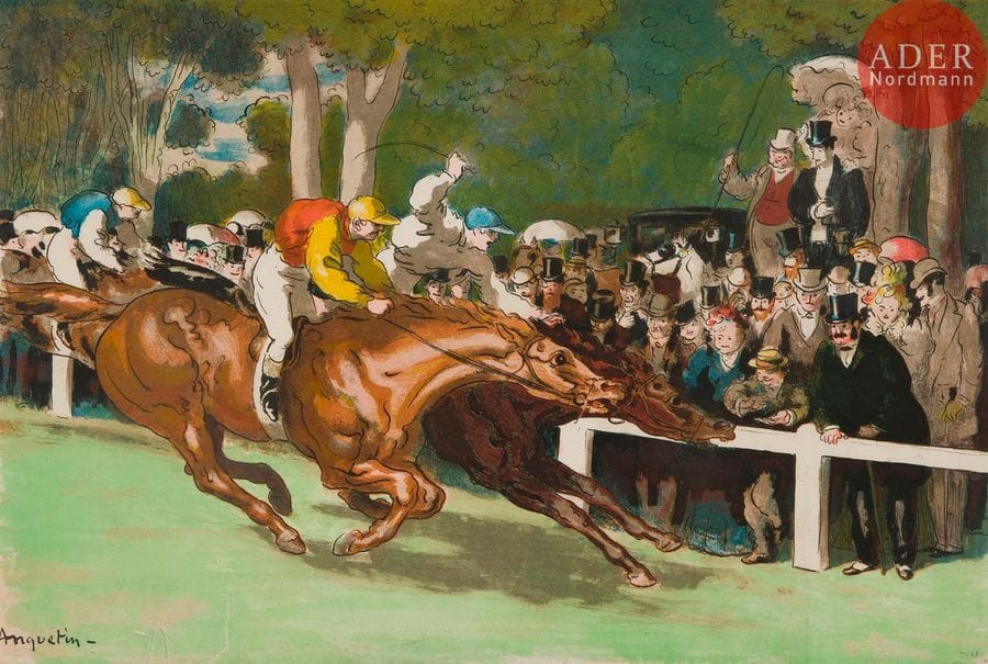 Louis Anquetin (1898-1932) 
Un Canter. 1898. Lithographie. 511 x 343. I.F.F. [5]. Impression en couleurs. Très belle et fraîche épreuve sur chine volant, numérotée au crayon. Courts plis en pied, inhérents à la texture du papier. Sans marges comme à l’ordinaire. Tirage à 50 épreuves. G. Pellet éd.
