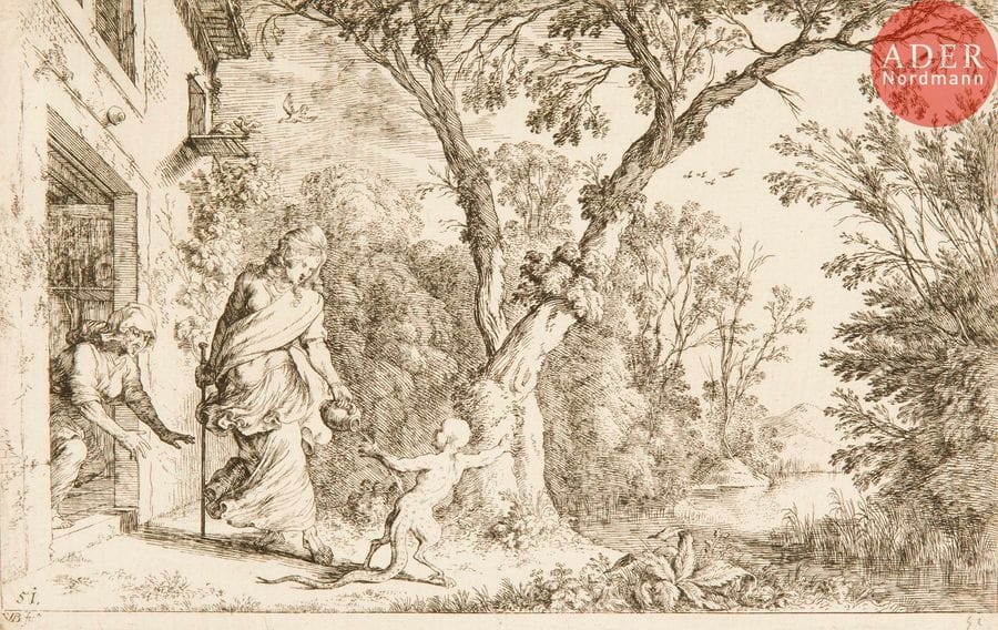 Johann Wilhelm Baur (c. 1600-1640) 
Œuvre gravé. Un vol. grand in-fol. contenant 116 ff. portant chacun 2, 3 ou 4 sujets gravés à l’eau-forte, les sujets des Métamorphoses d’Ovide gravés par Baur lui-même, les autres par Küsell. Bonnes épreuves pour la plupart rognées au sujet, collées par les angles. Reliure plats papier marbré, dos à nerfs (défraîchie).