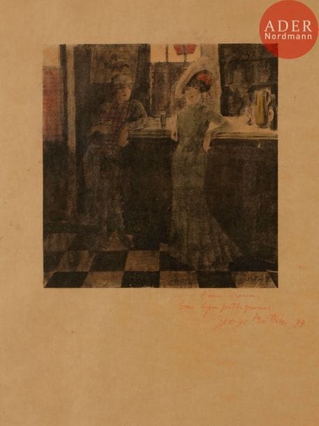 George Bottini (1874-1907) 
Au bar. 1899. Zincographie (?) 135 x 150. Carter Southard non décrit. Très belle épreuve sur japon, dédicacée au crayon rouge : « pour l’ami Marini / bien sympathiquement / George Bottini 99 ». Infimes plis de manipulation. Toutes marges. Cadre (avec plusieurs étiquettes d’exposition au verso : Petit Palais, Genève ; Blanden Memorial Art Museum, Fort Dodge, IA, USA ; Miami University Art Museum, Oxford, Ohio, USA).