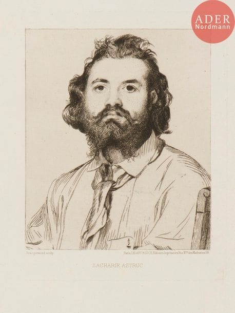 Félix Bracquemond (1833-1914) 
Zacharie Astruc. Eau-forte. 150 x 185. Beraldi 9. Très belle épreuve sur vergé, du tirage effectué pour Cadart et Luce. Légère oxydation et une courte déchirure aux bords du feuillet. Toutes marges. Joint : Les Cigognes. Eau-forte. 185 x 244. Beraldi 179. Belle épreuve sur vergé fort, du tirage effectué pour Cadart et Luquet (timbre sec : Lugt 424). Forte oxydation et accidents aux bords des grandes marges. Ens. 2 p.