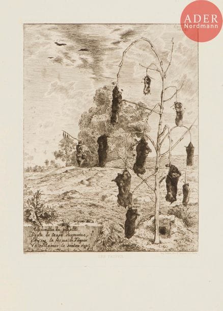 Félix Bracquemond (1833-1914) 
Les Taupes. 1854. Eau-forte. 200 x 270. Beraldi 134. Très belle épreuve sur vergé. Fortes bandes d’oxydation en tête et en pied du feuillet. Toutes marges. Tirage de Cadart (1866).