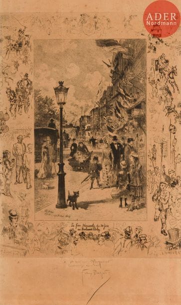 Félix Buhot (1847-1898) 
La Fête Nationale au boulevard Clichy. 1878. Eau-forte. [230 x 419]. Bourcard-Goodfriend 127. Très belle épreuve sur vélin beige fort, du 2e état (sur 4) selon Bourcard, du 4e état (sur 7) selon Goodfriend, avec un léger grain d’aquatinte mais avant reprise des croquis dans la marge supérieure, dédicacée au crayon : « à Monsieur Moynier / hommage amical / Félix Buhot », rognée latéralement sur le coup de planche et de quelques millimètres à l’intérieur du sujet (probablement par l’artiste lui-même pour donner un aspect plus japonisant à la planche). Rousseurs claires éparses et légère oxydation. Trace de pli oblique dans l’angle supérieur gauche. Belles marges en tête et en pied.