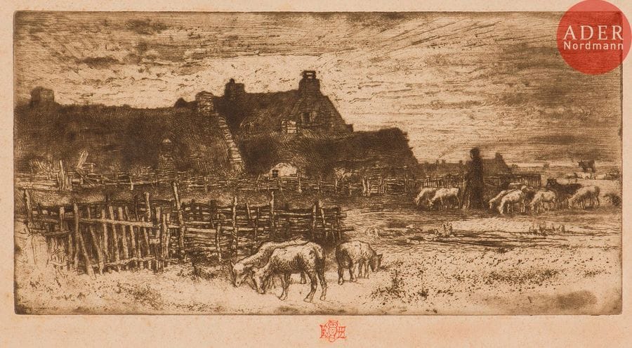 Félix Buhot (1847-1898) 
Les Bergeries, soleil couchant. 1881. Eau-forte, pointe sèche et aquatinte. 270 x 135. Bourcard-Goodfriend 151. Très belle épreuve sur vélin mince ivoire, timbrée (Lugt 977). Semis de minuscules rousseurs. Toutes marges.