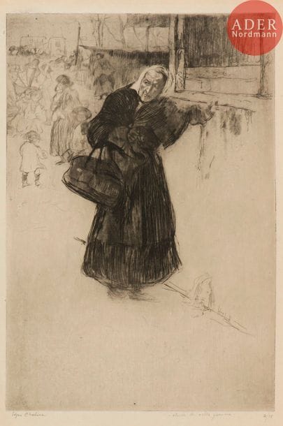 Edgar Chahine (1874-1947) 
Étude de vieille femme. 1900. Eau-forte, pointe sèche et aquatinte. 268 x 395. Tabanelli 43. Très belle épreuve tirée avec teinte de fond, l’une des 10 sur japon, signée, titrée et numérotée au crayon. Trace d’oxydation du feuillet et petite tache rousse au bord droit. Toutes marges. Tirage total à 40 épreuves (outre 15 du 1er état).