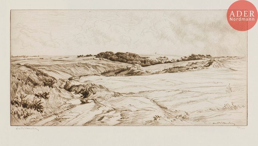 André Dauchez (1870-1948) 
À Belle-Île. 1930. Eau-forte. 420 x 205. Brugal 463-30. Très belle épreuve sur vélin, numérotée et signée au crayon. Toutes marges. Tirage à 100 épreuves.