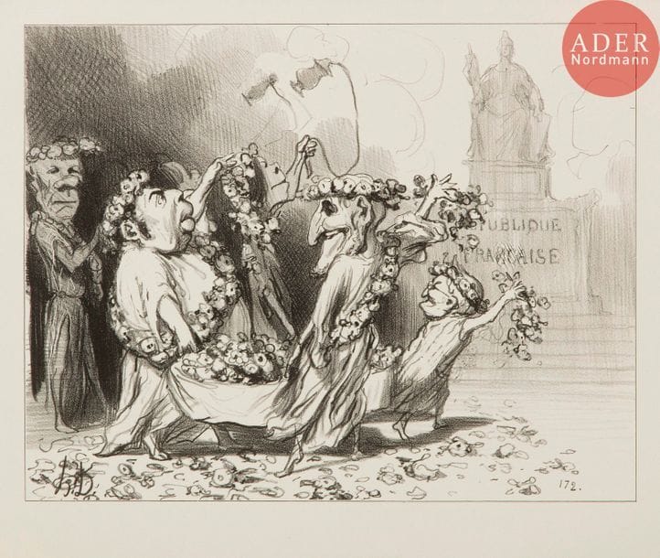 Honoré Daumier (1808-1879) 
Fête du 4 mai. (Actualités, pl. 116). 1850. Lithographie. 270 x 207. Delteil 2205. Réunion d’une très rare épreuve sur blanc du 1er état (sur 2), avant toute lettre, et d’une épreuve de l’état définitif. Petits trous de reliure en tête à la 2e. Belles marges. Ex-coll. G. Cognacq (Lugt 538d). Ens. 2 p.