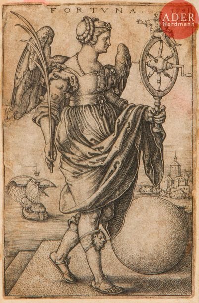 Hans Sebald Beham (1500-1550) 
La Bonne fortune. 1541. Burin. 49 x 79. Épreuve rognée au trait carré, doublée. Petits accidents et taches. Cadre.
