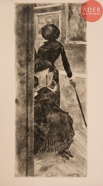 Edgar Degas (1834-1917) 
Au Louvre : la peinture (Mary Cassatt). Vers 1876. Eau-forte, pointe sèche et aquatinte. 128 x 305. Delteil 29 ; Reed et Shapiro 52. Très belle épreuve sur vélin fort texturé, du tirage effectué sur le cuivre biffé pour Ambroise Vollard (1918). Infimes rousseurs en tête du feuillet. Toutes marges.