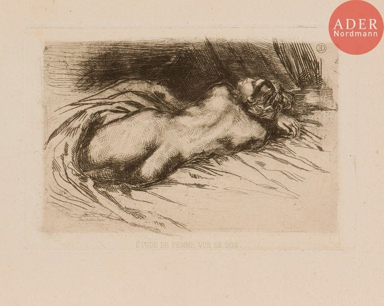Eugène Delacroix (1798-1863) 
Étude de femme, vue de dos. 1833. Eau-forte. 160 x 110. Delteil-Strauber 21. Très belle épreuve sur vergé, du 3e état (sur 5), avant l’ajout du nom Cadart à la pointe le long du bord droit. Bonnes marges. Joint : Un homme d’arme du temps de François Ier. 1833. Eau-forte. 68 x 109. Delteil-Strauber 17. Belle épreuve sur vergé, du 2e état (sur 4), le numéro et le nom de l’artiste non encrés, avant effaçage de l’adresse de Delâtre. Marges irrégulières (ces deux épreuves ont été à l’origine tirées sur un seul et même feuillet pour un album Cadart, puis séparées). Ens. 2 p.