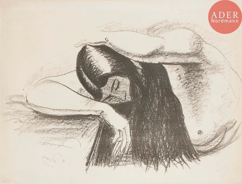 André Derain (1880-1954) 
Femme en buste tournée vers la gauche, cheveux longs. Vers 1927. Lithographie. À vue : 630 x 470. Adhémar 76-2. Très belle épreuve sur vélin, numérotée et signée au crayon. Légères traces de plis et traces très claires d’oxydation avec quelques infimes rousseurs. Toutes marges. Rare. Tirage à une vingtaine d’épreuves. Cadre.