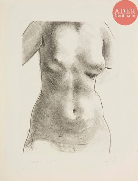 André Derain (1880-1954) 
Torse de femme. Vers 1927. Lithographie. 340 x 460. Adhémar 74. Très belle épreuve sur vélin blanc filigrané « J Perrigot Arches / mbm », signée au crayon, annotée en pied par H.-M. Petiet : « Tiré à 25 épreuves – n° 23 ». Deux restes d’adhésif en tête au verso. Très léger empoussiérage aux bords du feuillet. Toutes marges.