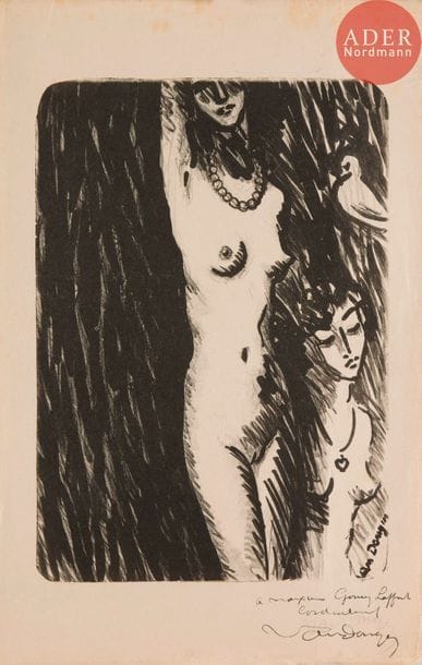 Kees van Dongen (1877-1968) 
Le Torse (deux femmes et un pigeon). 1924-1925. Lithographie. 265 x 378. Juffermans L 5 ; Verney et Lemaresquier, La Galerie des Peintres-Graveurs, cat. d’exposition, Musée de Bayeux, 1999, n° 128. Très belle épreuve sur japon, signée au crayon et dédicacée par-dessus : « à Maxime Goury-Laffont » puis resignée à la plume et à l’encre. Légères traces de frottement et courts plis de manipulation aux bords du feuillet. Toutes marges non ébarbées. Rare. Tirage à 15 épreuves. Éd. de la Galerie des Peintres-Graveurs. 

Le docteur Maxime Goury-Laffont était un esthète, mécène et ami de nombreux artistes. Sa veuve créa une fondation de soutien du patrimoine en sa mémoire.