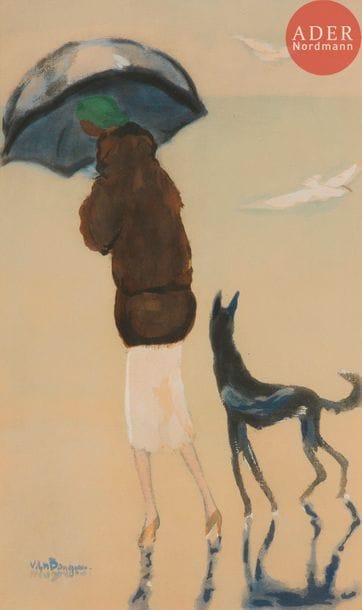 Kees van Dongen (1877-1968) 
Femme au chien marchant sur la plage. Vers 1925-1930. Pochoir en couleurs. 285 x 470. Juffermans JM 2. Belle épreuve sur vélin, fortement oxydée. Toutes marges. Cadre.