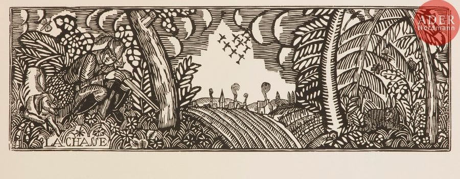 Raoul Dufy (1877-1953) 
La Chasse. Vers 1910. Bois gravé. 640 x 208. Très belle épreuve sur vélin fort, d’un tirage postérieur. Infimes oxydation et accrocs aux bords du feuillet. Très grandes marges non ébarbées.