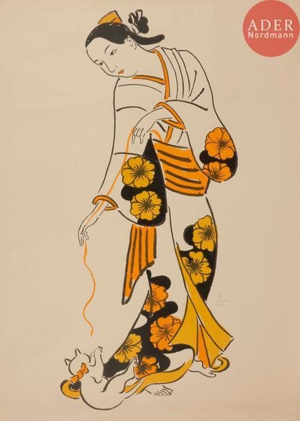 Léonard-Tsuguharu Foujita (1886-1868) 
Geisha jouant avec un chaton. 1926. Lithographie. [755 x 1090]. Buisson 26.99. Impression en couleurs. Très belle épreuve sur vélin, numérotée et signée au crayon. Courts plis de manipulation. Toutes marges. Tirage à 200 épreuves.