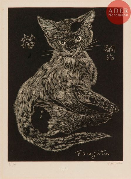 Léonard-Tsuguharu Foujita (1886-1868) 
Chat. 1927. Gravure sur bois. 164 x 225. Buisson 27.03. Très belle épreuve sur vélin crème, numérotée et signée au crayon. Infime trace d’oxydation à l’ouverture d’un ancien montage. Petites épidermures et traces de colle en tête au verso. Toutes marges. Tirage à 160 épreuves pour l’Imagier de la Gravure sur Bois Originale 
(8e année). Timbre sec : Lugt 1140a.