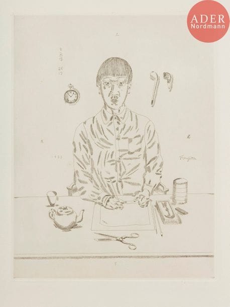 Léonard-Tsuguharu Foujita (1886-1868) 
Autoportrait. 1923. Eau-forte. 317 x 415. Johnson 58 ; Buisson 23.22. Très belle épreuve sur vélin blanc fort, non signée comme à l’ordinaire. Toutes marges non ébarbées. Tirage à environ 150 épreuves. A. Vollard éd.