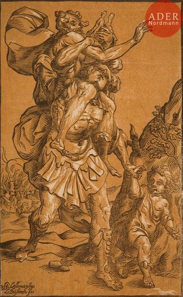 Ludolph Büsinck (c. 1590-1669) 
Énée portant son père Anchise. Entre 1623 et 1629. Gravé sur bois en clair-obscur au moyen de deux blocs (noir et brun) d’après G. Lallemant. 216 x 345. Le Blanc 20. Très belle épreuve rognée à l’extérieur du trait carré. Légères traces de plis. Restes d’ancien montage sur le pourtour au verso. Timbre de la collection Paul Prouté (Lugt 2053c : « … plutôt un timbre commercial que P. Prouté apposait surtout sur des pièces qu’il prêtait dans des expositions »). 

« Dans les années 1620, au moment où son atelier devient l’un des plus en vue de la capitale, Georges Lallemant, peintre lorrain installé à Paris depuis 1601, entreprend de faire traduire en bois gravés en clair-obscur, en deux planches de teinte, généralement de couleur ocre marron, au moins vingt-trois de ses compositions. Lallemant fait appel à un peintre et graveur sur bois allemand, Ludolph Büsinck, qui grave à Paris depuis 1623 au moins (…) et jusqu’en 1629 au plus tard (…) Il s’associe pour cette production avec le marchand et éditeur d’estampes parisien Melchior Tavernier (1594-1665). Büsinck sait parfaitement rendre les courbes sinueuses ou les boucles libres des riches chevelures de Lallemant par d’amples traits gravés, avec des pleins et des déliés, comme Hendrick Goltzius les pratiquait… » (Vanessa Selbach, in S. Lepape dir., Gravure en clair-obscur ; Cranach, Raphaël, Rubens, cat. d’exposition, Paris, Musée du Louvre-Liénart éditions, 2018, p. 188).