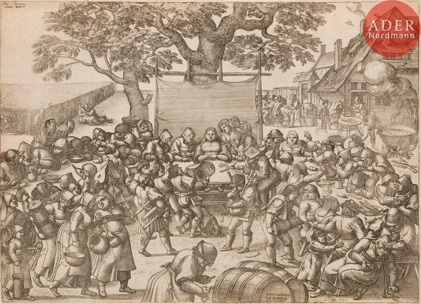 Peeter van der Borcht (c. 1535-1608) 
La Grande fête des noces. 1560. Eau-forte. 361 x 500. Mielke (New Hollstein) 172. Très belle épreuve en tirage légèrement postérieur, les fonds affaiblis, sans la date sous le nom de l’artiste. Quelques rares points de rouille. Petite fracture verticale visible par transparence au centre du feuillet. Petites épidermures en tête du feuillet au verso et petit manque restauré dans le nom de l’artiste. Filets de marges. Marque de collection (v B ?) masquée à l’encre violette au verso (Lugt 4073).