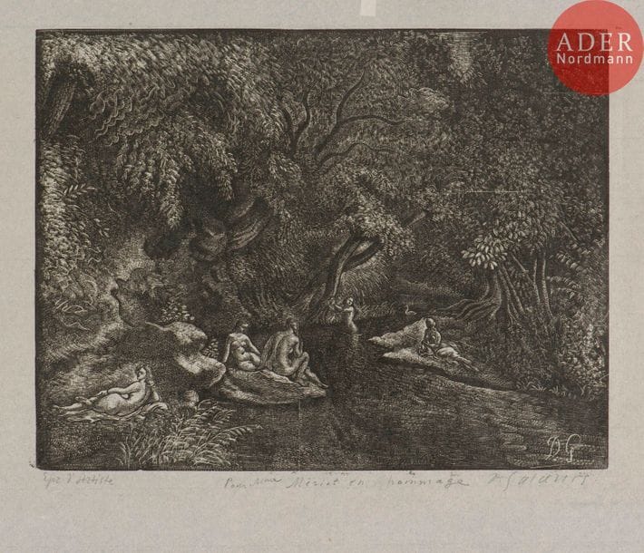 Demetrios Galanis (1879-1966) 
Femmes au bain. Vers 1930. Gravure sur bois. 310 x 240. Belle épreuve sur japon vergé mince, annotée « Epr. d’Artiste », dédicacée et signée au crayon. Courte déchirure en tête, une autre dans l’angle inférieur droit. Toutes marges. Joint : illustration pour Paradise Lost de Milton. 1920. Gravure sur bois. 181 x 241. Très belle épreuve sur vélin, non signée. Toutes marges. Ens. 2 p.