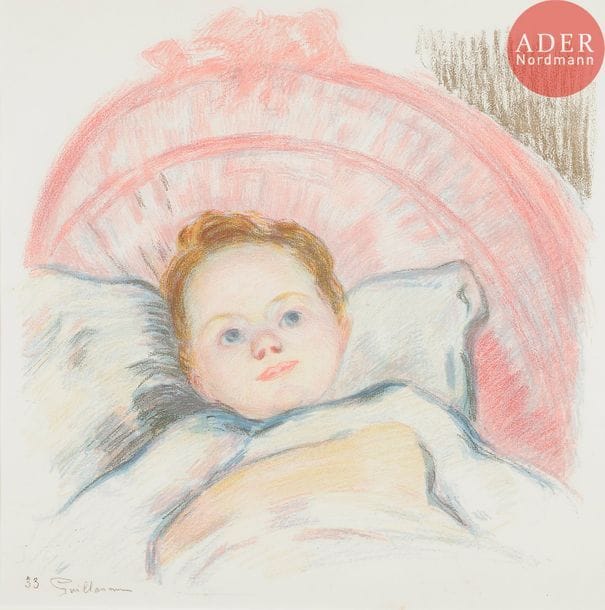 Armand Guillaumin (1841-1927) 
Portrait de Marguerite ou Tête d’enfant. 1897. Lithographie. 415 x 425. Kraemer 21 ; Johnson 62. Impression en couleurs. Très belle épreuve sur vélin blanc, numérotée et signée à la pierre noire. Marges. Tirage à 100 épreuves pour l’Album d’estampes originales de la Galerie Vollard. Cadre.