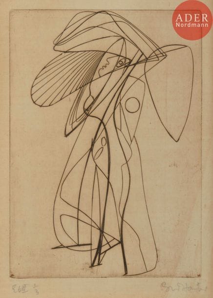 Stanley William Hayter (1901-1988) 
Nostradam. 1935. Burin. 105 x 146. Black et Moorhead 93. Belle épreuve sur vergé, oxydée, du 1er état (sur 3), avant de nouveaux travaux, annotée « Etat 1/3 » et signée au crayon. Marges. Tirage définitif à 20 épreuves. Cadre.