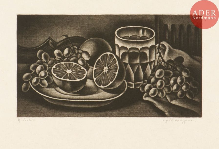 Kiyoshi Hasegawa (1891-1980) 
Oranges et raisins. 1932. Manière noire. 295 x 162. Reifu Syobo 228. Très belle et fraîche épreuve sur japon nacré, annotée « ép. d’artiste » et signée au crayon. Toutes marges. Timbre sec de l’artiste. Tirage définitif à 35 épreuves.
