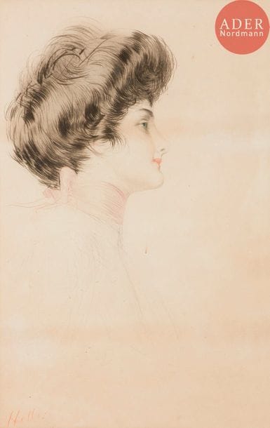 Paul-César Helleu (1859-1927) 
Femme de profil vers la droite, nœud rose autour du cou. Pointe sèche. À vue : 335 x 530. Impression en couleurs. Belle épreuve sur vélin, signe à la sanguine. Petites traces de frottement et épidermures en surface, bandes claires d’oxydation et quelques rousseurs claires. Marges. Cadre.