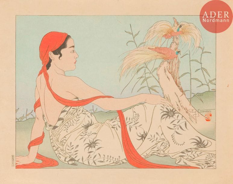 Paul Jacoulet (1896-1960) 
Les Paradisiers (Menado, Célèbes). 1937. Bois gravé par Maeda. 390 x 300. Miles 46. Impression en couleurs et argent. Parfaite épreuve sur japon, timbrée de la potiche japonaise et signée au crayon dans le sujet. Timbre japonais à gauche du sujet. Quelques traces de plis de manipulation. Toutes marges non ébarbées.
