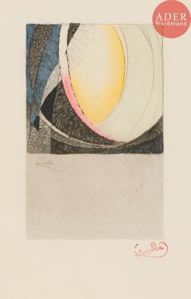 Frantisek Kupka (1871-1957)
František Kupka (1871-1957) 
Amorpha. 1913. Eau-forte. 160 x 240. Impression en couleurs. Très belle épreuve sur vergé ivoire, d’un tirage moderne, revêtue du timbre rouge de la signature, timbrée dans l’angle inférieur droit : « Eau-forte originale / gravée par F. Kupka / datée de 1913 » et revêtue d’une timbre circulaire de certification dans l’angle inférieur droit au verso. Une rousseur en tête. Toutes marges. 

Kupka reprend ici en gravure le sujet de ses toiles de la série Amorpha, présentées au Salon d’Automne de 1912, qui comptent parmi les premières œuvres non figuratives présentées au public. Celles-ci déconcertèrent la critique, laquelle n’y vit que des œuvres décoratives ou des « arabesques futuristes échevelées » (Louis Vauxcelles). Kupka continua de travailler dans cette direction, essayant de rendre le mouvement et la dimension du temps par de nombreuses études et variations sur ce motif d’enroulements, de chevauchements et d’intersections.
