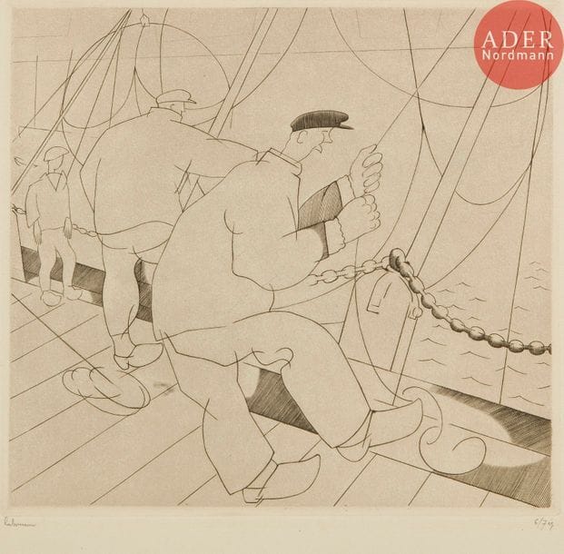 Jean-Emile LABOUREUR (1877-1943)
Jean-Émile Laboureur (1877-1943) 
Pêcheurs au carrelet. 1925. Burin. 192 x 178. Laboureur 300. Très belle épreuve sur vélin mince, du 1er état (sur 3), avant les nouvelles tailles, signée et numérotée au crayon. Fine bande d’oxydation en tête. Quelques rares rousseurs claires. Toutes marges. Tirage définitif à 53 épreuves (outre le tirage posthume).