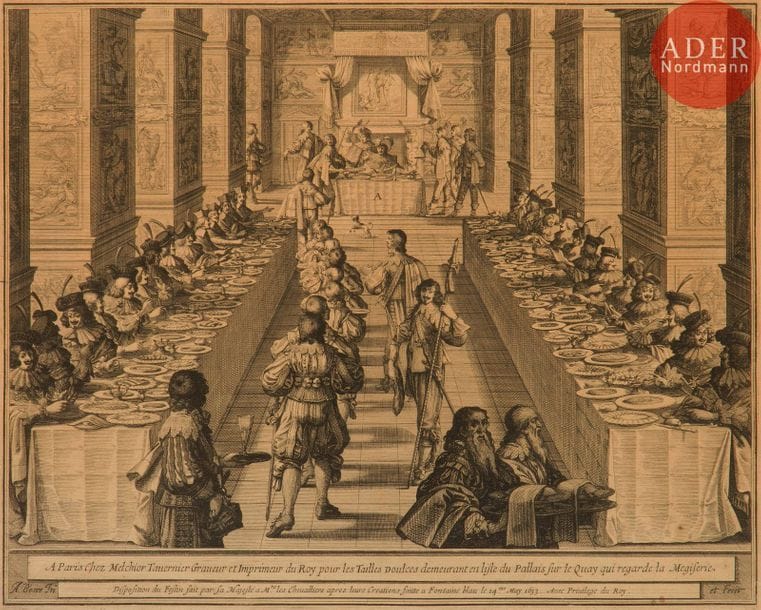 Abraham Bosse (c. 1602/1604-1676) 
Disposition du festin fait par Sa Majesté à Mrs les chevalliers après leurs créations faites à Fontainebleau le 14eme May 1633. (Pl. d’une suite de 4, Les Noms, surnoms, qualitez, armes et blasons des chevaliers et officiers de l’ordre du Saint-Esprit). 1634. Eau-forte. 342 x 275. Duplessis 1210. Très belle épreuve, les traits de mise en place de la lettre bien visibles dans la tablette. Oxydation du feuillet. Toutes marges. Cadre.