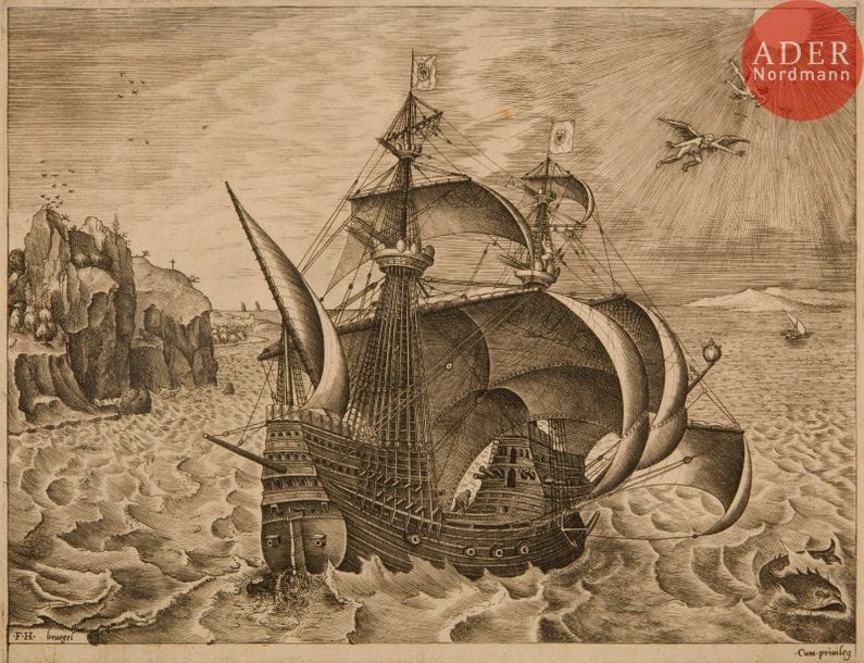 Pieter Bruegel l’Ancien (c. 1525-1569) (d’après) 
Nef de bande, vue de trois quarts arrière, armée de canons. (Pl. d’une suite de 11 Navires de guerre). Vers 1561-1565. Gravé par F. Huys. 295 x 225. Hollstein (d’après Bruegel) 101. Très belle et brillante épreuve du 1er état (sur 2), avant l’adresse de Th. Galle, rognée sur le coup de planche ou légèrement à l’extérieur de celui-ci, et sur le trait carré en pied sous la tablette. Quelques rares rousseurs claires. Infime amincissure visible uniquement par transparence.