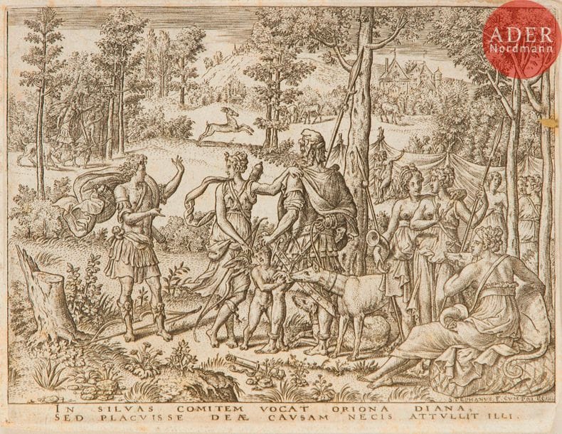 Étienne Delaune (1518/19-1595) 
Diane admettant en sa compagnie le chasseur Orion. (Pl. 3 d’une suite de 6, Histoire d’Apollon et de Diane). Gravé d’après Luca Penni. 106 x 82. Robert-Dumesnil 135 ; I.F.F. 136. Très belle épreuve rognée sur le coup de planche à droite, avec filets de marges sur les trois autres côtés. Infime manque dans l’angle inférieur droit.