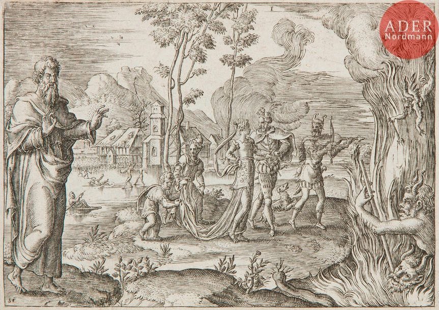 Étienne Delaune (1518/19-1595) 
Sujet allégorique. (Pl. d’une suite de 20 emblèmes moraux). Burin. 97 x 70. Robert-Dumesnil 213 ; I.F.F. 224. Belle épreuve rognée au trait carré ou à l’extérieur de celui-ci.