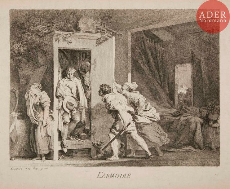 Jean-Honoré Fragonard (1732-1805) 
L’Armoire. 1778. Eau-forte. 555 x 422. Baudicour 2 ; I.F.F. 22 ; Regency to Empire 76. Très belle, brillante et rare épreuve du 2e état (sur 3), avant l’adresse de Naudet, rognée à l’extérieur du coup de planche (ce dernier bien visible). Petits essais de pointe perceptibles dans la marge gauche du cuivre. Légers plis de manipulation et courts fins plis cassés. Quelques rares points de rouille. Petites marges à gauche et en pied. 

« [A] hallmark of these early impressions is the presence of faint lines of shading on the folds of the cape hiding the young man’s left arm and on the door frame immediately above the woman’s head. These fine hatchings appear to be either burnished etching or additions with a burin. » (V. Carlson, Regency to Empire, French Printmaking 1715-1814, The Baltimore Museum of Art and the Minneapolis Institute of arts, 1984, p. 227).