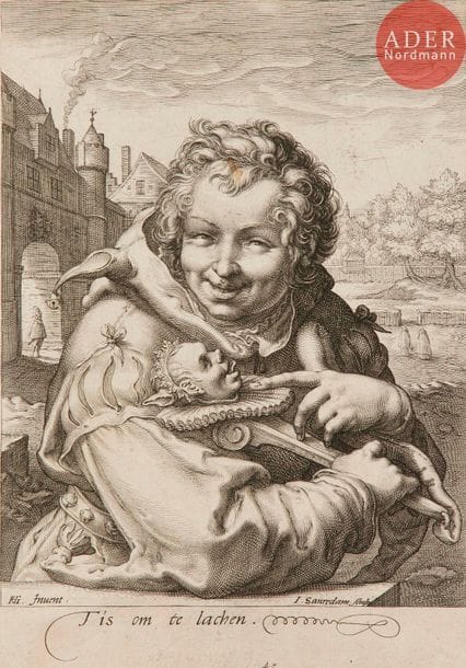 Hendrick Goltzius (1558-1617) (d’après) 
Fou tenant une marotte (Tis om te lachen). Gravé par J. Saenredam. 173 x 250. Leesberg (New Hollstein) 728. Très belle épreuve rognée au trait carré mais complète de la tablette, du 1er état (sur 3), avant modification de la lettre (remplacée par plusieurs lignes de texte) et avant l’adresse de P. van den Berge. Petite tache brunâtre sur le front.