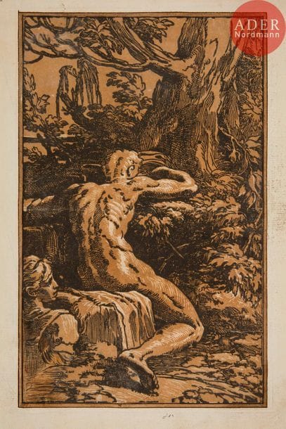 Antonio Fantuzzi, dit Antonio da Trento (c. 1508-c. 1560) 
L’Homme assis vu de dos. Gravé sur bois en clair-obscur au moyen de deux blocs (ocre et noir) d’après Francesco Mazzola, dit Parmigianino (Le Parmesan). 177 x 288. Bartsch X-13. Bonne épreuve rognée au trait carré et collée sur vergé avec filets à la plume et à l’encre à l’imitation du dessin. Large manque avec reprise à la plume et à l’encre dans l’angle inférieur gauche du sujet. Plusieurs autres restaurations avec traces blanchâtres de colle en surface. 

« Le Parmesan seul a pu dessiner aussi spirituellement, et l’on ne doute presque pas, qu’il n’ait tracé lui-même sur le bois et le trait et les hachures qui expriment les ombres et les jours avant que de les faire graver. Il s’est servi à cet effet d’Antoine de Trente qui est un de ceux qui a travaillé en clair-obscur avec le plus de succès. » (Bartsch). 

Ce sujet figure dans l’exposition Gravure en clair-obscur ; Cranach, Raphaël, Rubens (Louvre, 18 octobre 2018-14 janvier 2019), sous le n° 18 du catalogue, tirée en gris et bleu. « La taille raffinée, aux traits fluides et calligraphiques, indique une fidélité extrême à la main gracieuse de Parmigianino, et il est possible que ce dernier ait dessiné directement sur les planches, comme le pensait Pierre Jean Mariette, ou qu’il ait fourni à Antonio un modello fini. » (Naoko Takahatake, in S. Lepape dir., Gravure en clair-obscur ; Cranach, Raphaël, Rubens, cat. d’exposition, Paris, Musée du Louvre-Liénart éditions, 2018, p. 78).