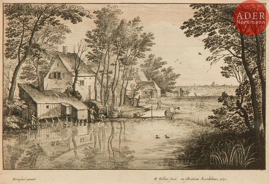 Wenzel Hollar (1607-1677) 
Le Pêcheur ; Les Quatre moulins à vent. 1650. Eau-forte d’après Bruegel (tableau de la collection Arundel). 175 x 120. Parthey 1214 et 1215. Très belles épreuves rognées au coup de planche, de 1er tirage (la 1re encadrée). Joint : Paysage boisé. Eau-forte. 210 x 148. Parthey 1242. Très belle épreuve rognée au coup de planche. Cadre. Ens. 3 p.