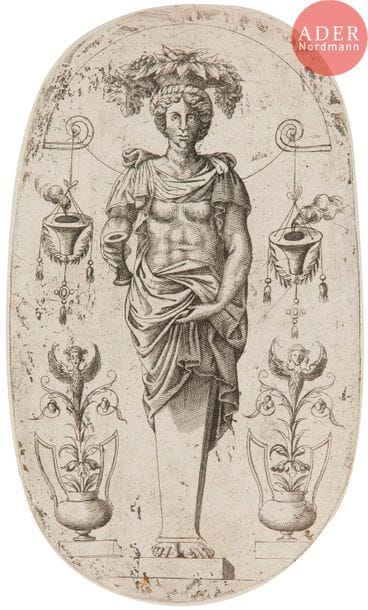 Jean Mignon (actif c. 1535-1555) 
Femme portant un panier sur la tête. (Pl d’une suite de 20 termes). Eau-forte. 130 x 226 (sujet ovale). Zerner 9. Très belle épreuve, avant le numéro, rognée à l’ovale, avec filets de marges, collée par quelques points sur vélin. Petite tache de rouille en pied.