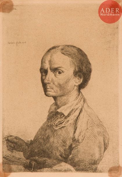 Jean-Pierre Norblin de la Gourdaine (1745-1830) 
Autoportrait à la palette et au pinceau. 1778. Eau-forte. 105 x 153. Hillemacher 2. Belle épreuve sur vélin fort crème, collée par les angles sur vélin mince, avec forte oxydation de la colle visible au recto. Petites marges.