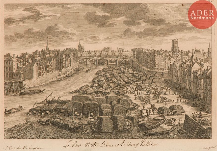 Perelle (actif à Paris au XVIIe s.) 
Le Pont Notre-Dame et le quai Pelletier. Eau-forte. 312 x 220. Très belle épreuve avant la lettre, cette dernière rajoutée à la plume et à l’encre sépia, ainsi que l’adresse de Langlois. Deux petites rousseurs en tête. Marges. Cadre.