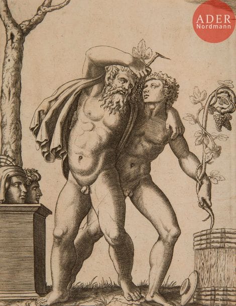 Marcantonio Raimondi (c. 1480-c. 1534) 
Le Jeune et le vieux Bacchus. Eau-forte (vraisemblablement d’après Giulio Romano). 120 x 157. Bartsch 294 ; Shoemaker 52. Belle épreuve rognée de plusieurs millimètres à l’intérieur du sujet latéralement et de plus d’une dizaine en tête (l’arbre et les nuages incomplets). Courte déchirure en pied dans la barrique. Petites traces de colle en tête au verso. Ex-coll. A. J. Hachette (Lugt 132) et paraphe à la plume et à l’encre. 

« Opinions have always fluctuated between Raphael and Giulio Romano as the possible author of the engraving’s design. Recent scholars have convincingly suggested that it was by Giulio because of the similarities between this work and Marcantonio’s contemporary engraving after Giulio’s design of Hercules and Antaeus. » (Innis H. Shoemaker, The Engravings of Marcantonio Raimondi, Lawrence, The Spencer Museum of Art, Chapel Hill, The Ackland Art Museum, 1981, p. 164).