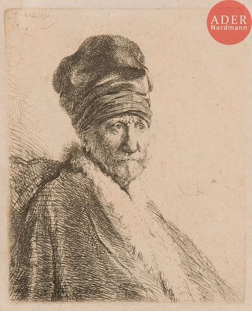 Rembrandt Harmensz. van Rijn (1606-1669) 
Homme à moustaches relevées et assis. 1630. Eau-forte. 80 x 100. Bartsch, White-Boon 321. Belle épreuve sur vélin mince, vraisemblablement d’un tirage Basan. Petites marges.