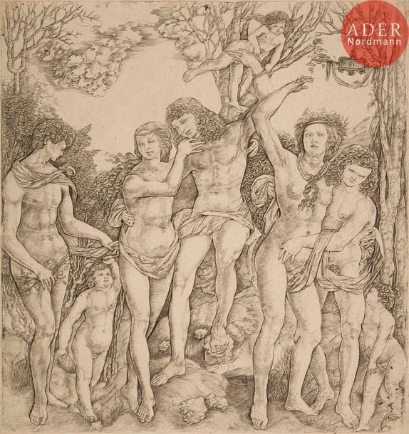 Cristoforo di M. ou Cristofano Robetta (c.1462-c.1534) 
L’Homme attaché à un arbre par l’Amour (allégorie sur le pouvoir de l’amour). Burin d’après Raphaël ou G. Romano. 281 x 300. Bartsch 25 ; Hind 29 ; The Illustrated Bartsch 25 (Commentary) 043. Belle épreuve en tirage tardif, les contours repris au burin, sur vergé fort filigrané « Van der Ley », rognée au coup de planche, avec petites taches (défauts d’encrage) notamment au bord inférieur droit du sujet et en tête dans les arbres, et de nombreuses éraillures dans le cuivre. Petites taches ou traces de colle dans les angles supérieurs au verso. Court pli horizontal traversant le pied de la figure à gauche. Petite déchirure anciennement restaurée en tête au verso. Ex-coll. A. J. Hachette (Lugt 132). 

« The original copperplate is preserved in the British Museum with the artist’s « Adoration of the Magi » on the other side. Consequently, an unusually large number of impressions of these prints exist, many of them apparently modern. » (The Ill. Bartsch, Commentary).
