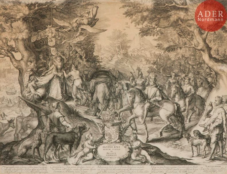 Jan Saenredam (1565-1607) 
Emblema Hodierni… (Pièce allégorique sur l’état florissant des Provinces Unies en 1602 et les conquêtes de Maurice de Nassau sur les Espagnols). 1602. Eau-forte originale. 550 x 430. Bartsch 10. Belle épreuve rognée au trait carré mais complète de la tablette. Cadre. Joint : C. Ploos van Amstel. Foire de village. Gravé à l’imitation du dessin d’après van Goyen. 260 x 168. Épreuve rognée au trait carré. Cadre. Ens. 2 p.