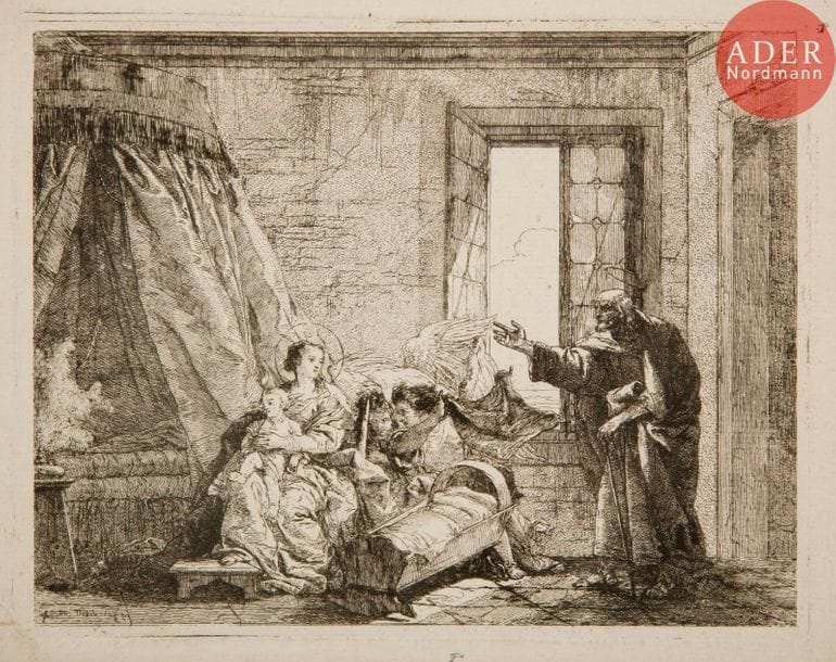 Giandomenico Tiepolo (1727-1804) 
 Joseph annonce à Marie l’ordre que pendant son sommeil il a reçu du ciel…. (Pl. 4 de la suite de 24 Idées pittoresques sur la fuite en Égypte précédées de 3 pl. de titre). 1743. Eau-forte. 243 x 145. De Vesme 4 ; Ricci 70. Très belle épreuve avec le numéro. Petite tache claire dans l’angle inférieur gauche du feuillet. Fortes traces de colle avec restes de papier aux angles droits au verso. Petites marges. Ex-coll. cabinet Brentano-Birckenstock (Lugt 345).