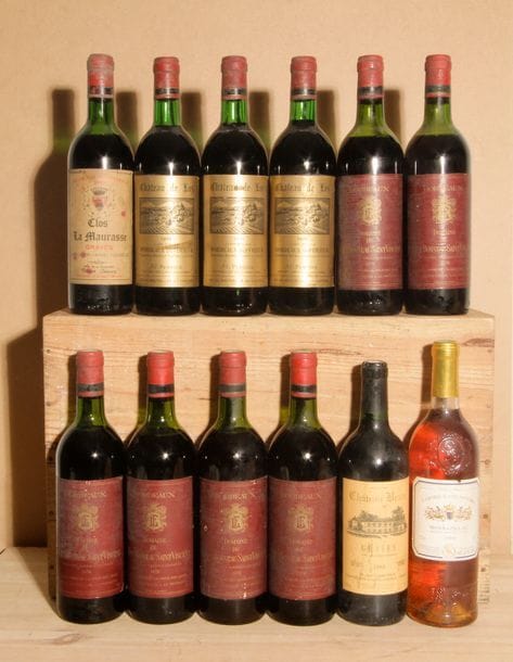3 B CHÂTEAU DE LOS (B.G; e.t.h. légères), Bordeaux Supérieur, 1970
6 B DOMAINE DE LA CROIX ST VINCENT (4 H.E. et 2 M.E.+; 3 e.l.a.), Bordeaux , 1978
1 B CLOS LA MAURASSE (M.E; e.t.h; c.s. plissée), Graves, 1970
1 B CHÂTEAU BRUN (e.t.h; 1 accroc côté capsule), Graves, 1993
1 B MONBAZILLAC (e.l.a.), Laborie-Saint-Antoine, 1999