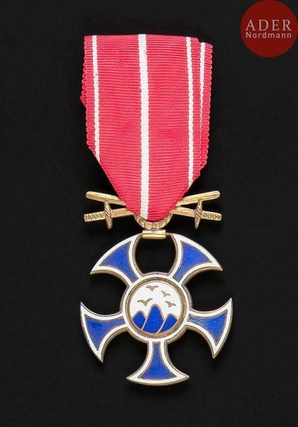 TCHÉCOSLOVAQUIE
ORDRE DU FAUCON créé en 1918.
Croix de 1re classe avec glaive.
En métal doré et émail. Ruban.
52?x?40?mm
T.T.B.