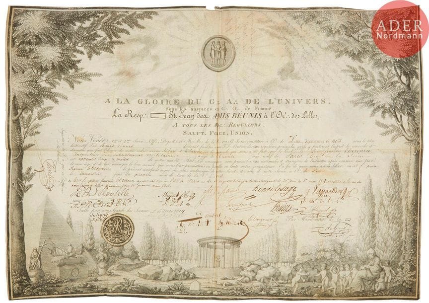Beau brevet gravé de la loge de St Jean des Amis réunis (Lille).
Sur vélin, avec signatures, et annotations à la plume. Au nom de THEVENIN, inspecteur des subsistances militaires.
Époque Restauration.
On joint?:
- placard révolutionnaire de l’administration centrale du département des basses Alpes.
- trois documents en laiton, dont un diplôme sur vélin. 